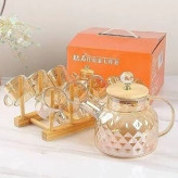ست قوری چای خوری (شات) پیرکس 1L حرارت مستقیم با پایه چوبی