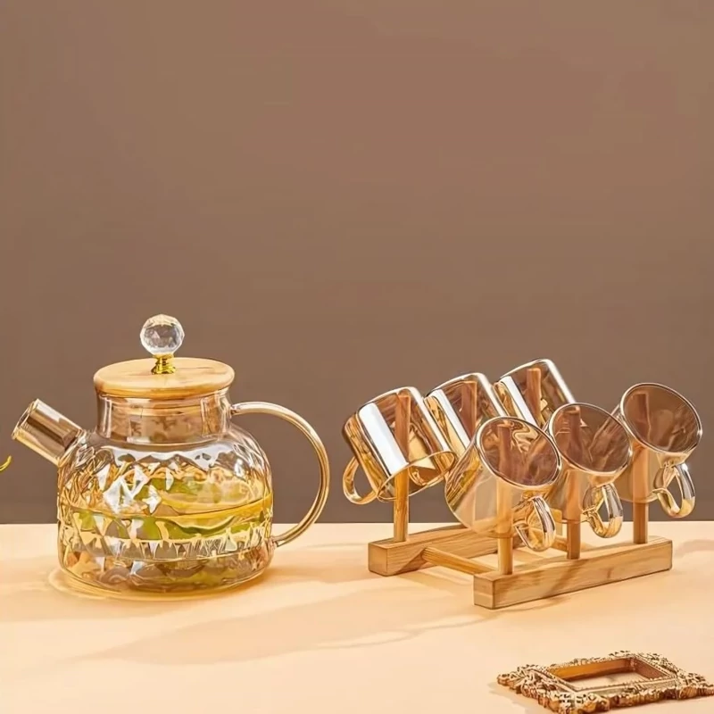 ست قوری چای خوری (شات) پیرکس 1L حرارت مستقیم با پایه چوبی